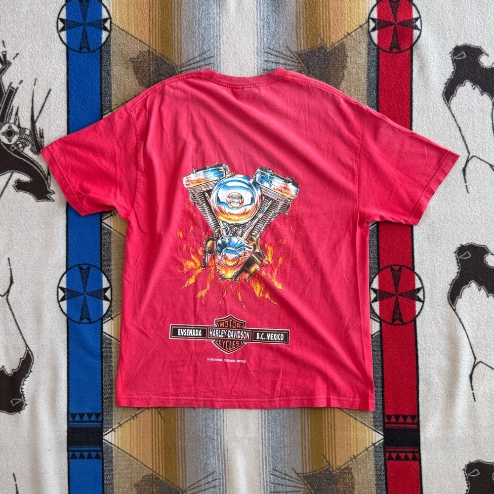 Vintage Harley-Davidson Ensenada Mexico Engine Graphic T-Shirt Red XL AAA Tag